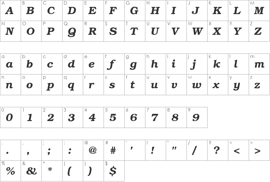 Bookman-DemiItalic font character map preview