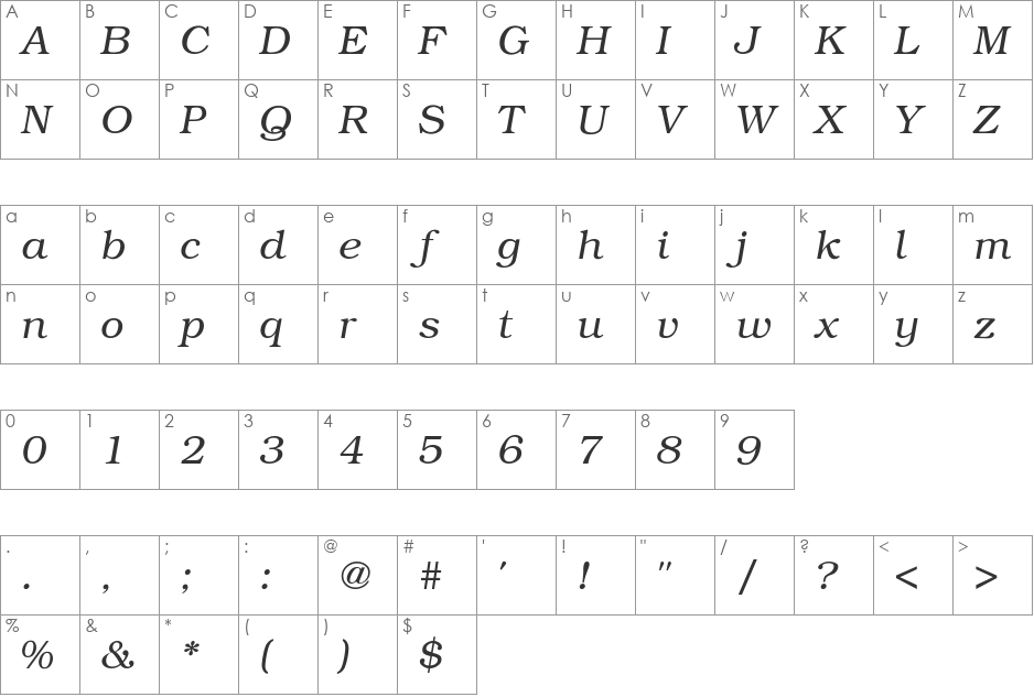 Bookman-LightItalic font character map preview