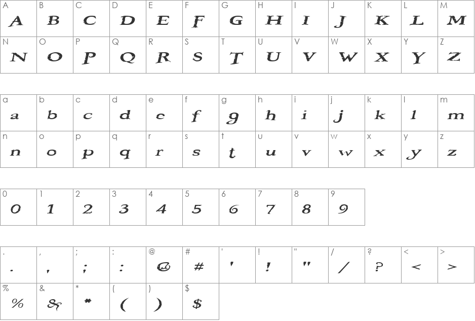 Booter - One Five font character map preview