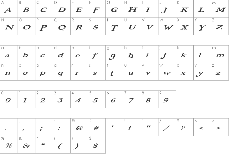 Booter - One One font character map preview
