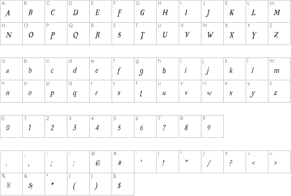 Booter - Zero Five font character map preview