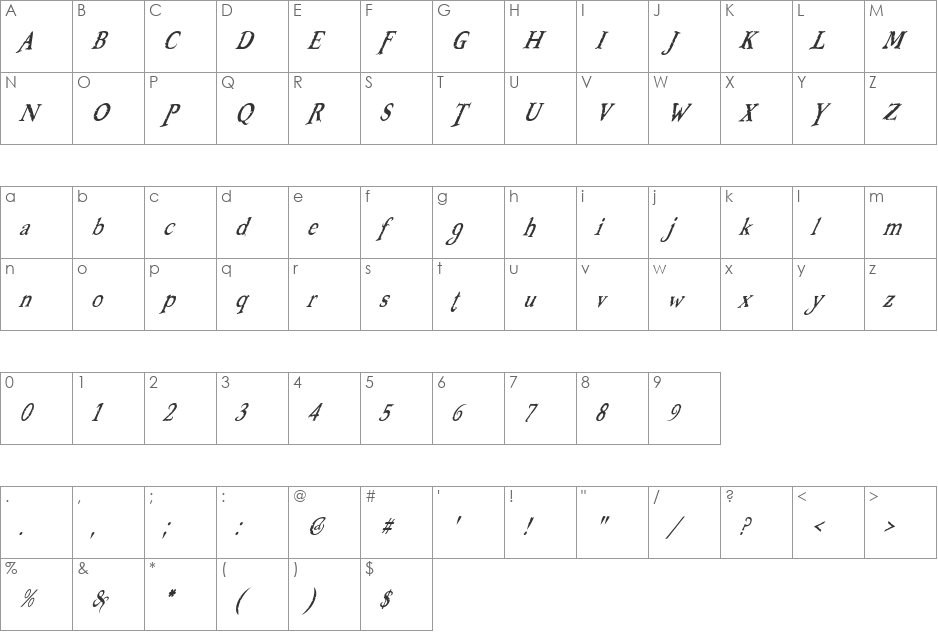 Booter - Zero One font character map preview