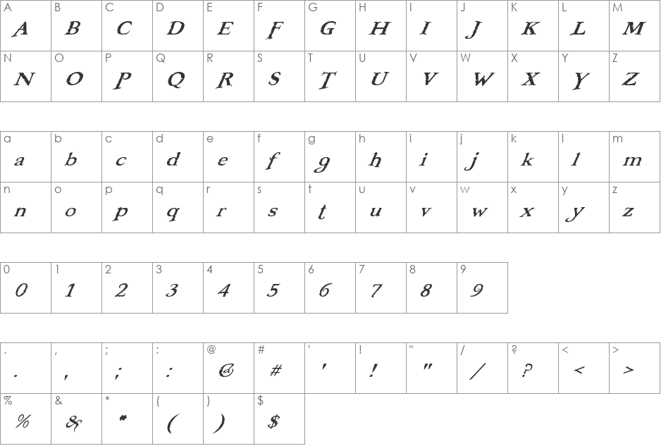 Booter - Zero Zero font character map preview