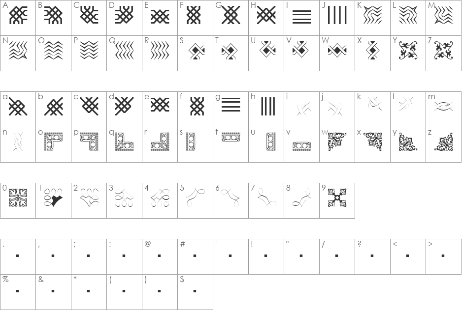 Borderbats-Filligree font character map preview