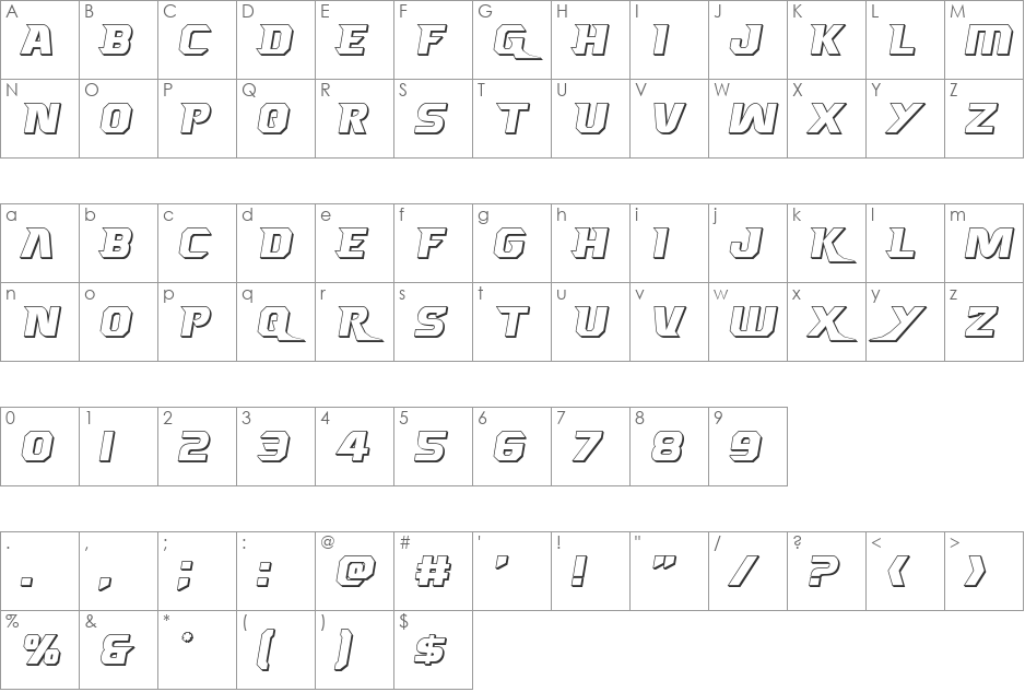 Borgsquad 3D font character map preview
