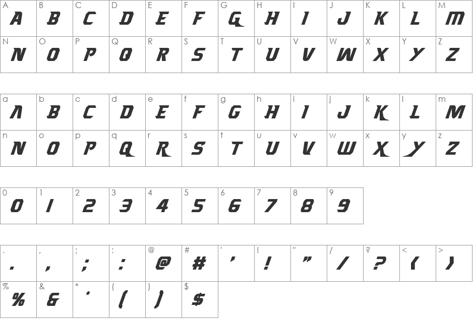Borgsquad Condensed Italic font character map preview