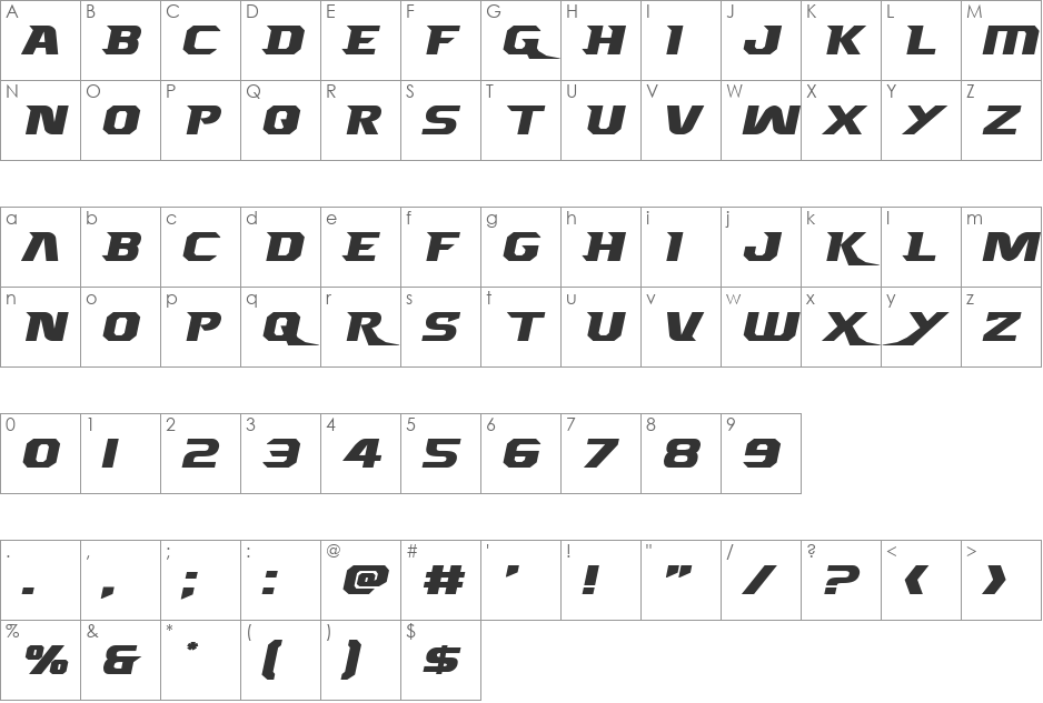 Borgsquad Expanded font character map preview