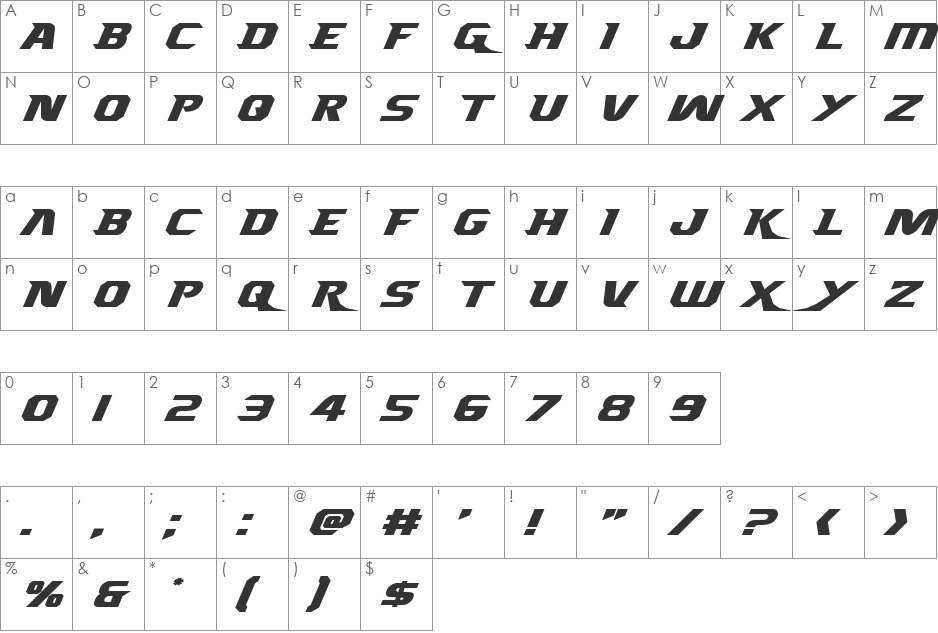 Borgsquad Expanded Italic font character map preview