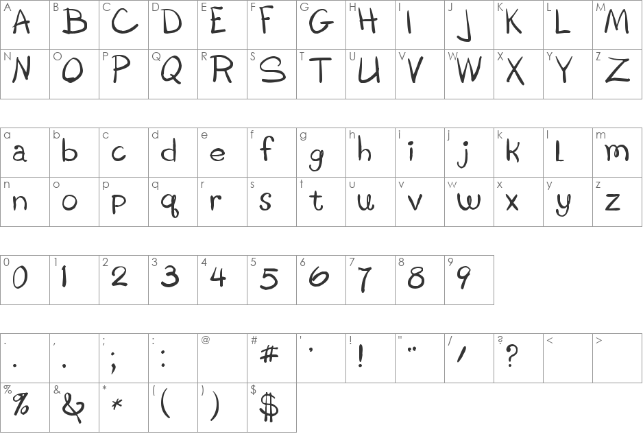 Boring Showers font character map preview