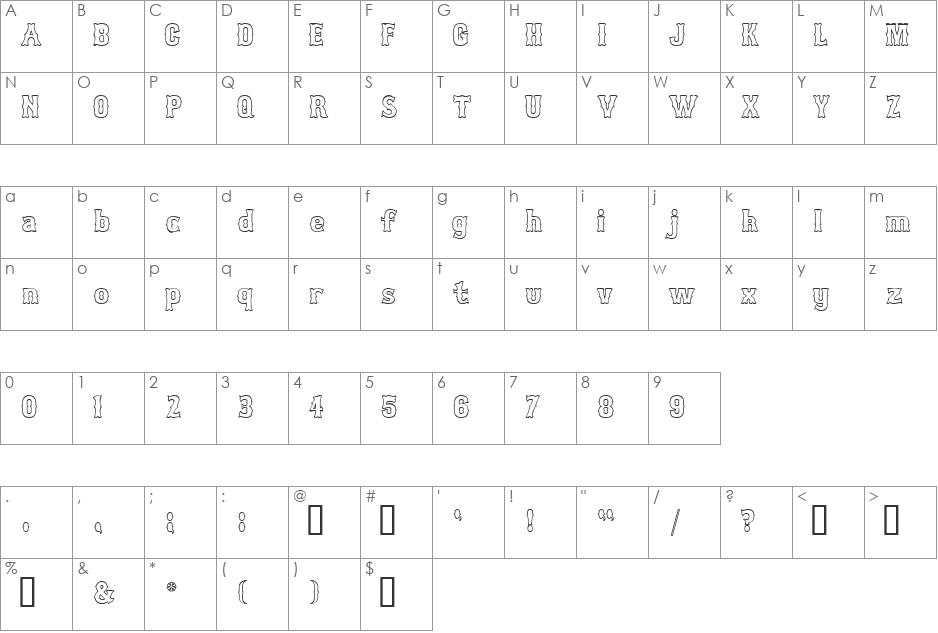 Bosox Outline font character map preview