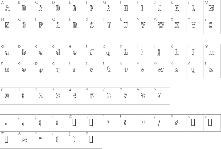 Bosox Outline Heavy font character map preview