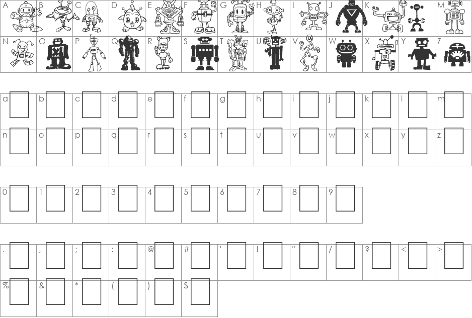 Bots'n Droids font character map preview