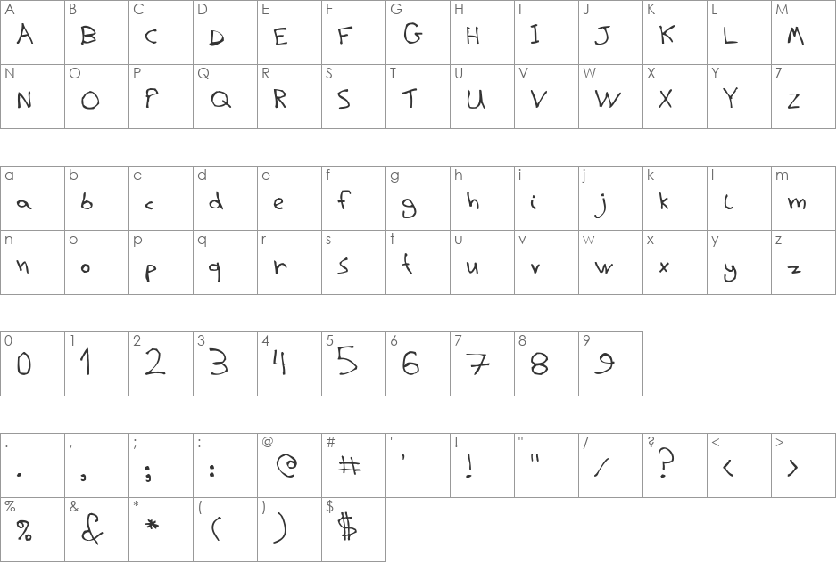 BPchildLefty font character map preview