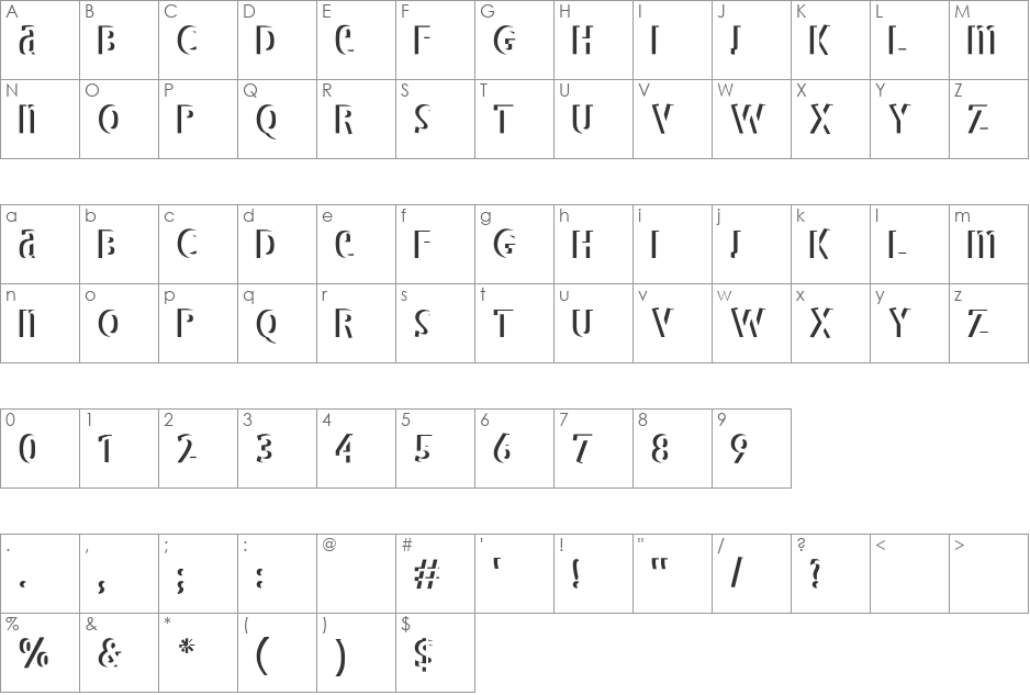 BradburysBoldShadow font character map preview