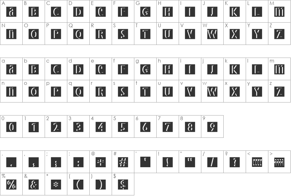 BradburysSquares font character map preview
