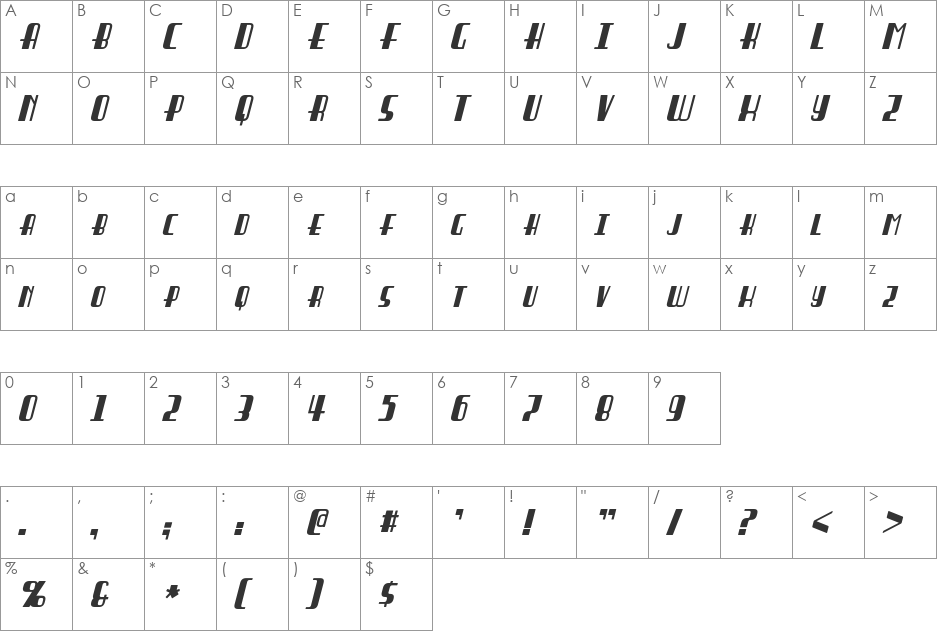 Braddington font character map preview