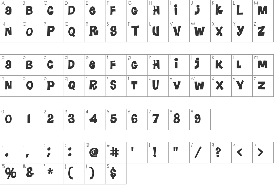 Bradeybutch font character map preview