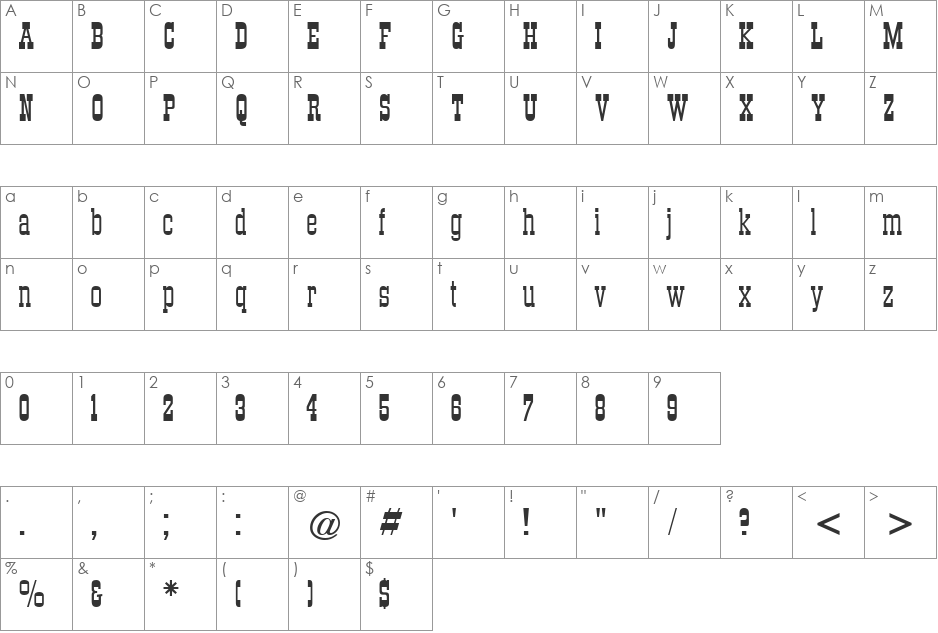 Branding Iron font character map preview