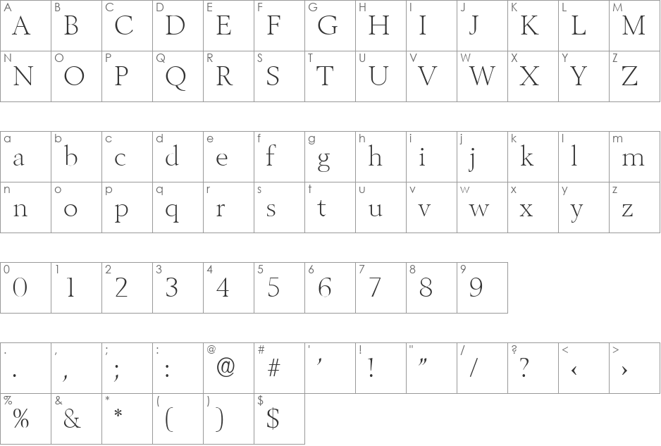 BrandonBecker-ExtraLight font character map preview