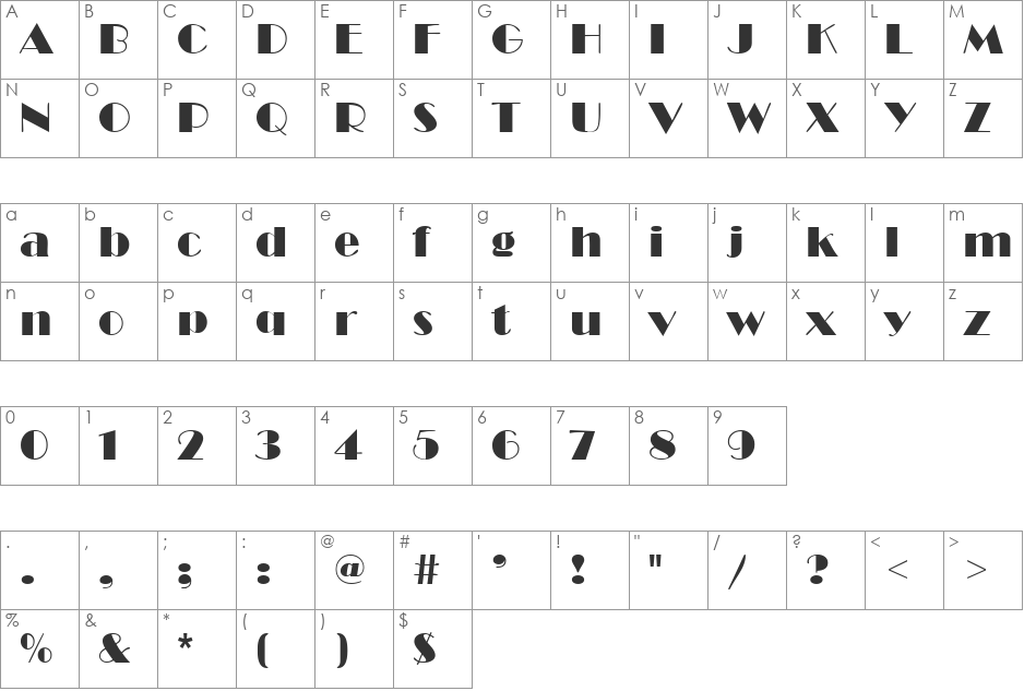 Brasenga font character map preview