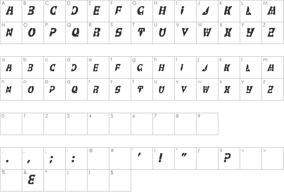 BrashDisplayCaps font character map preview