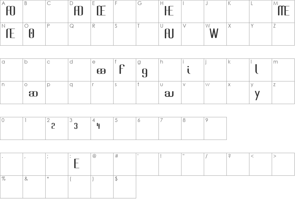Brassiere Alternates font character map preview