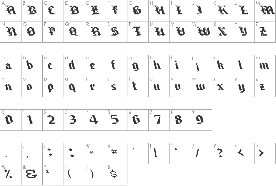 BrawnyArmsLight99 font character map preview