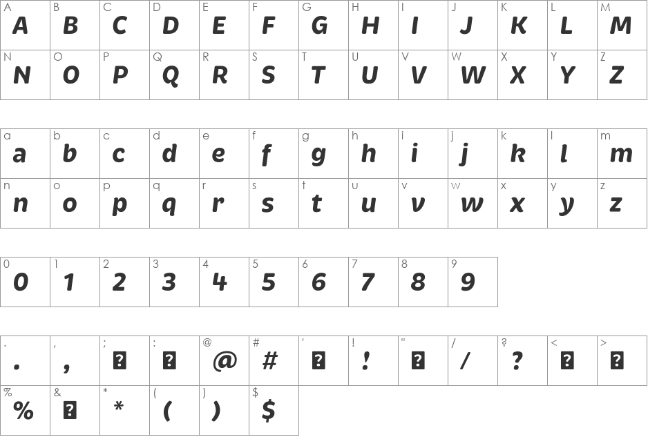 Brevia BoldItalic font character map preview