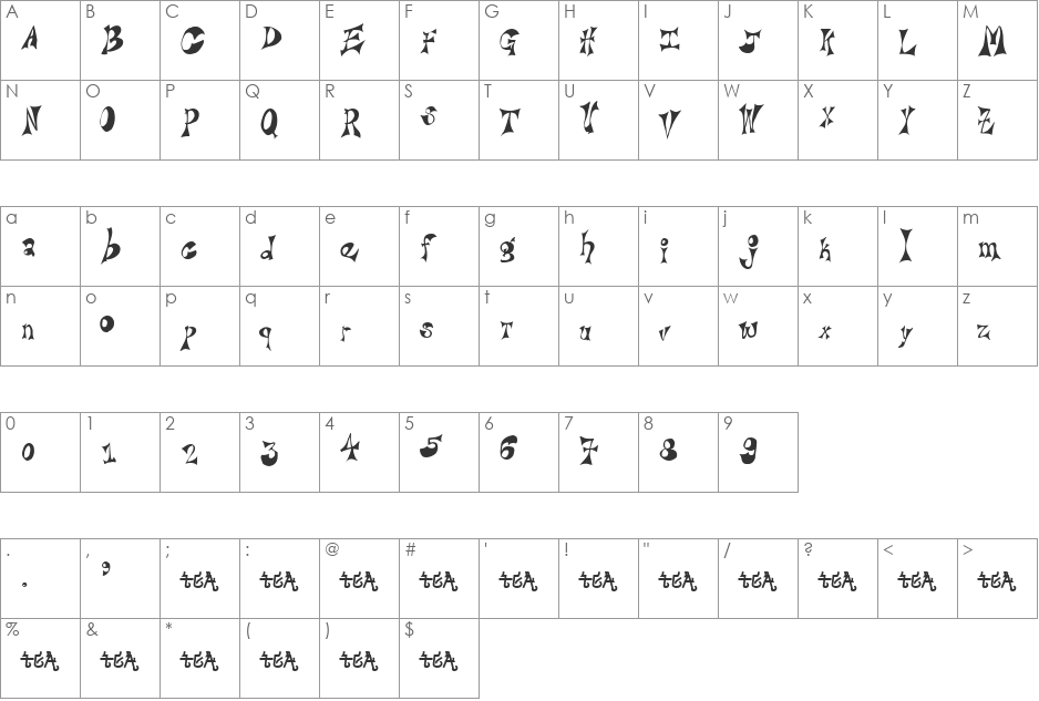 Bridie font character map preview
