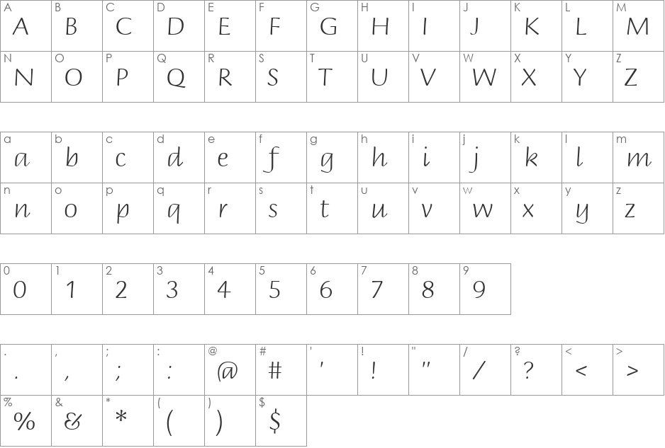 BriemScript font character map preview