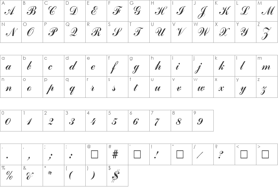 BrigadeScriptSSK font character map preview