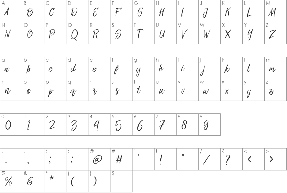 Bringshoot font character map preview