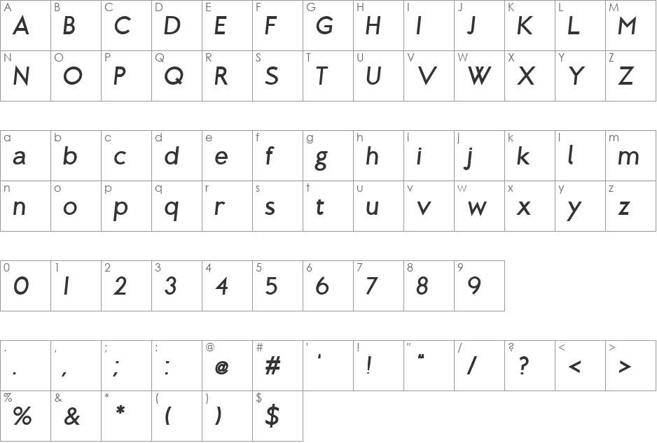 Brixton font character map preview