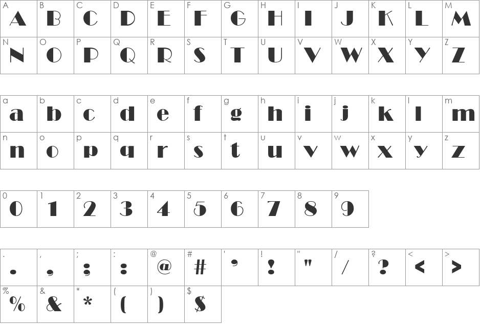 Broad Avenue font character map preview