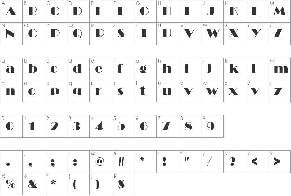 Broad Avenue font character map preview