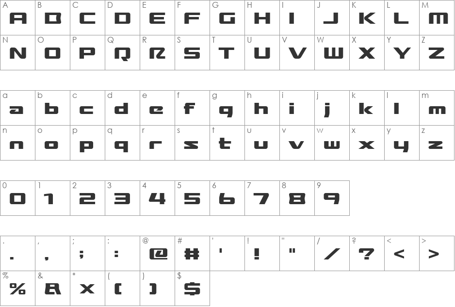 Broadbandoblique font character map preview
