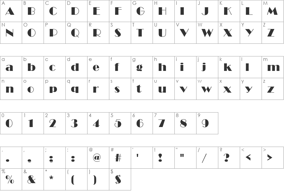Broadway font character map preview