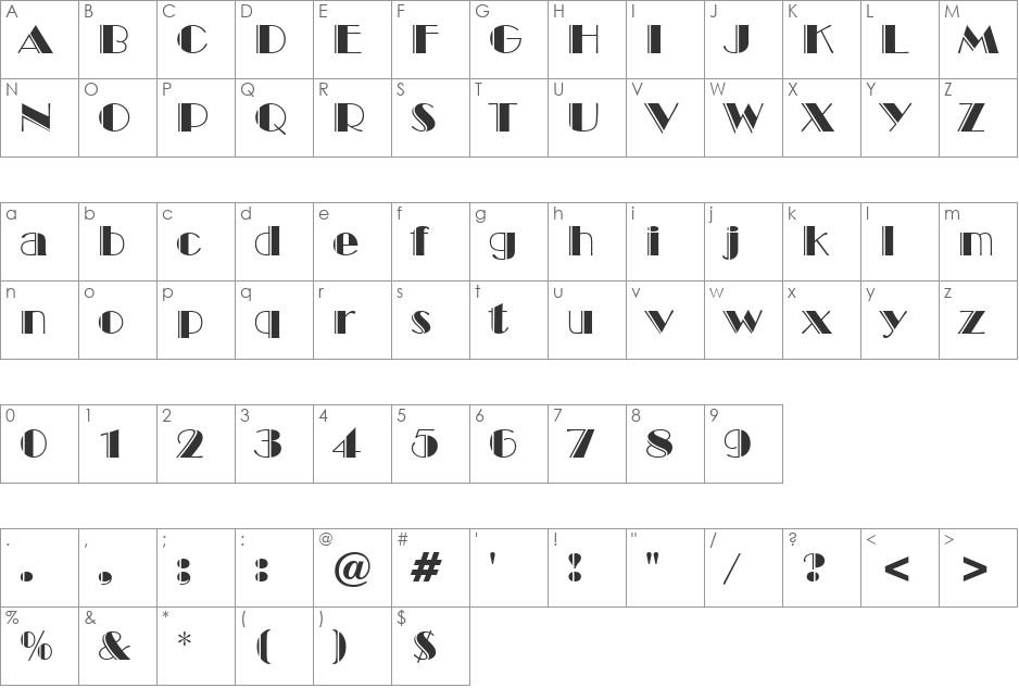 Broadway font character map preview