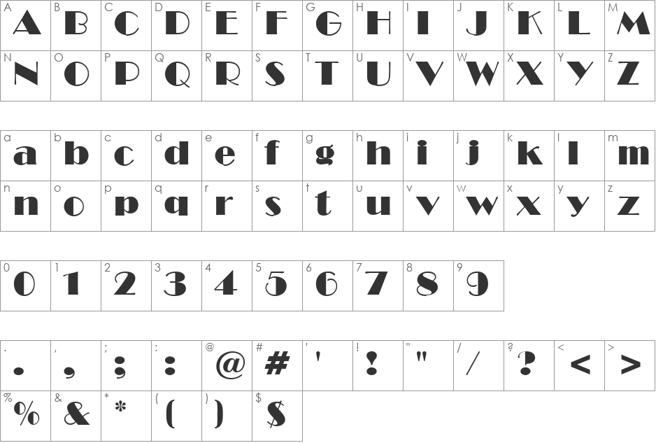 Broadway SU font character map preview