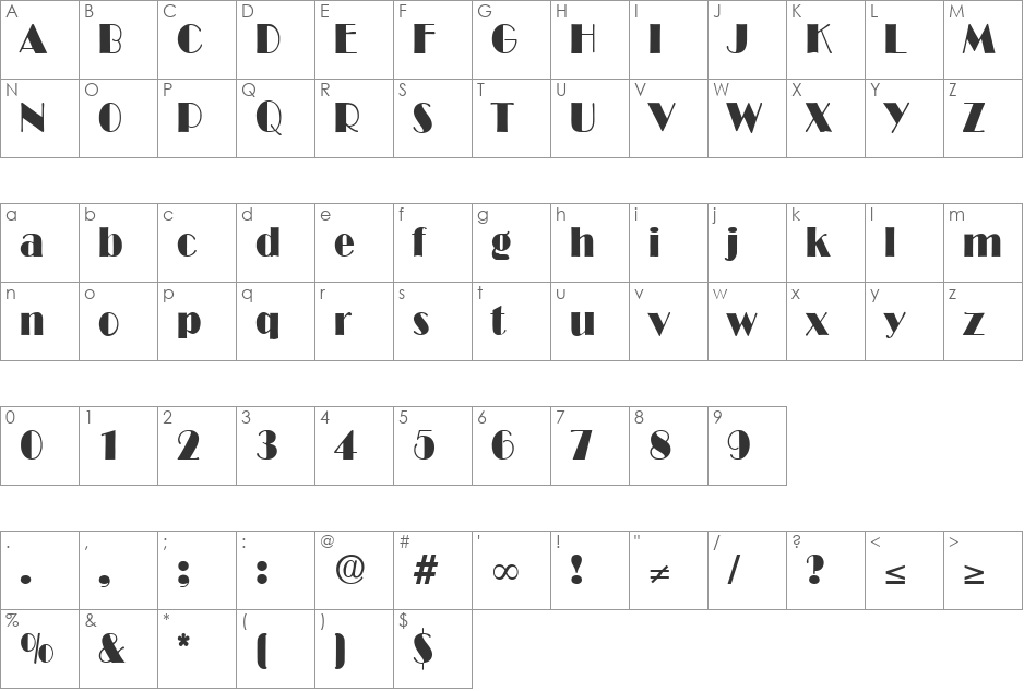 BroadwayCondensed DB font character map preview