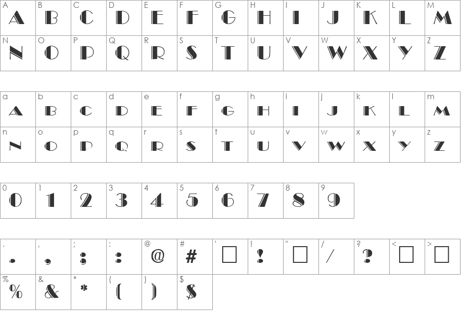 BroadwayDeko font character map preview