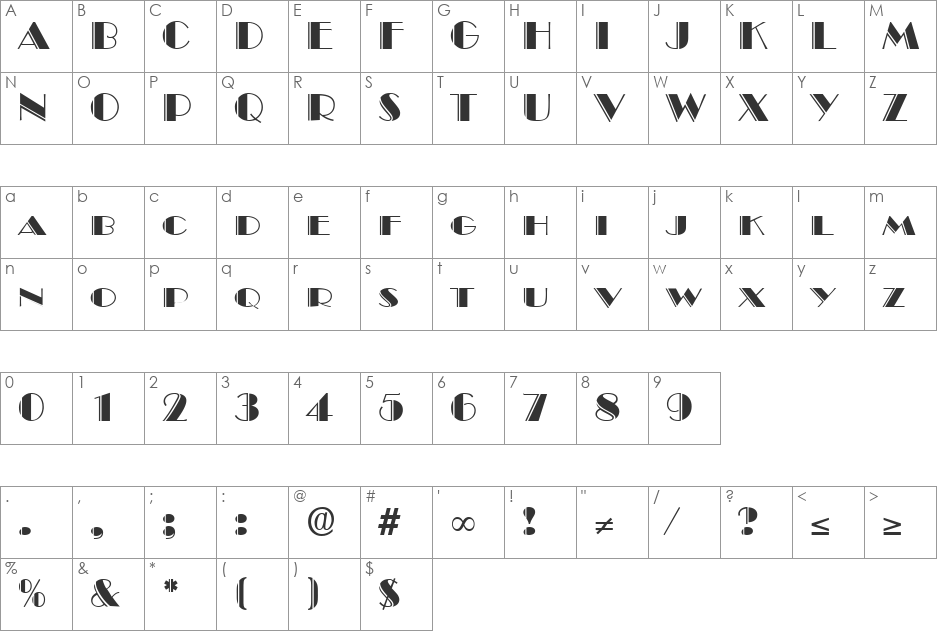 BroadwayDeko DB font character map preview