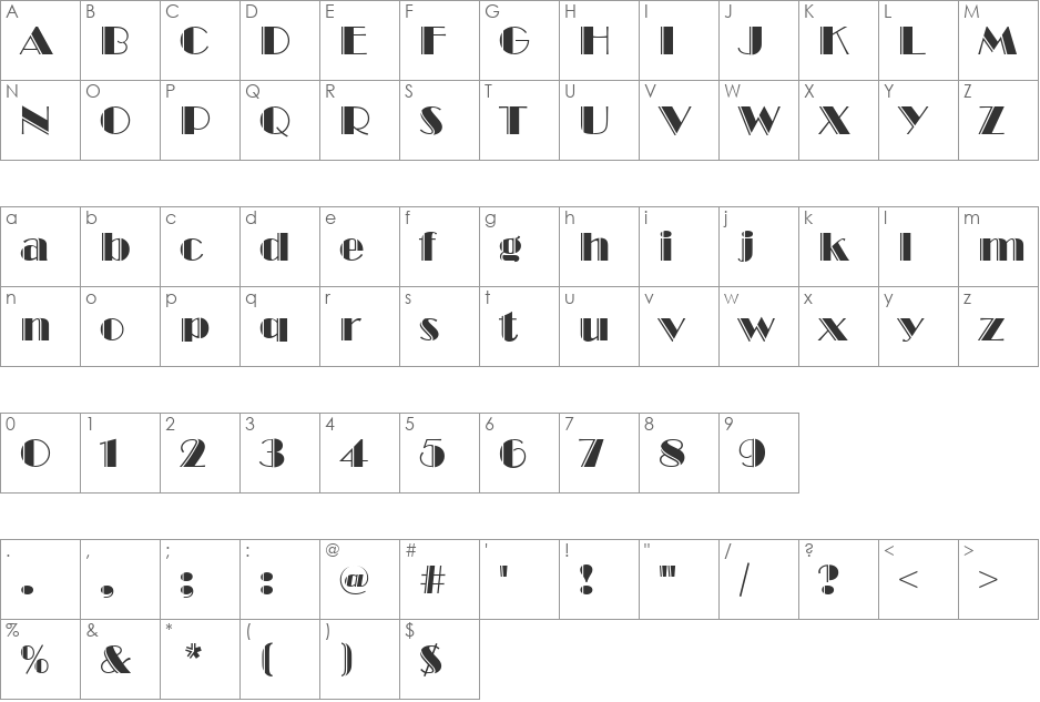 BroadwayEngD font character map preview