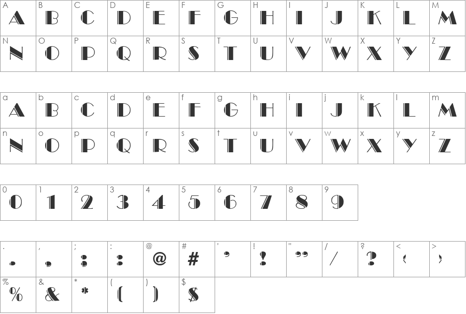 BroadwayEngraved DB font character map preview