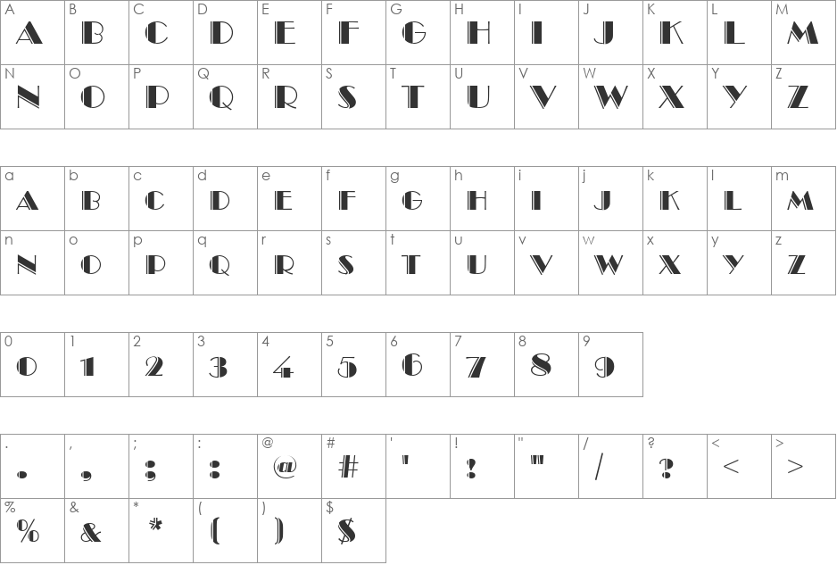 BroadwayEngSCD font character map preview
