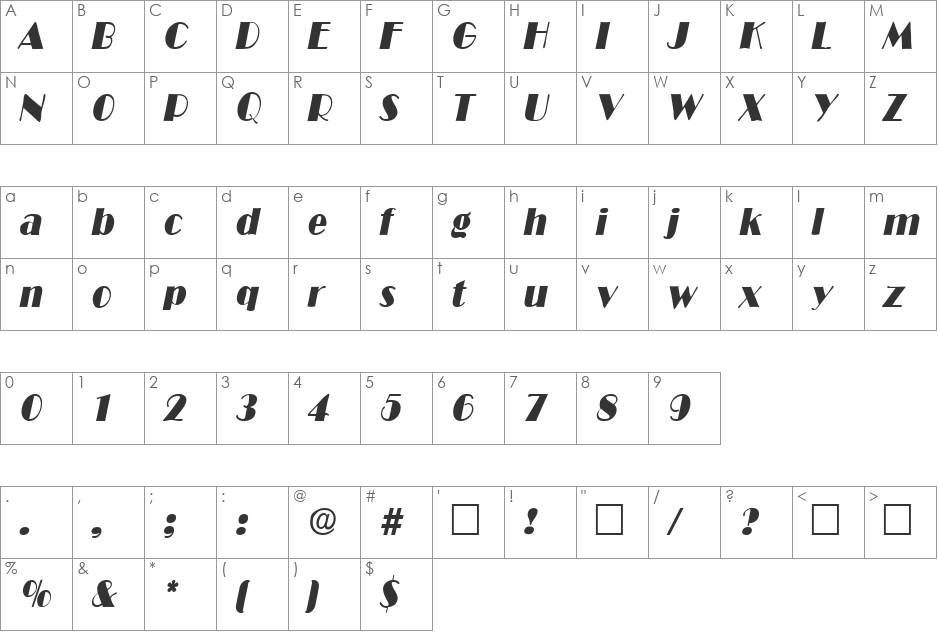 BroadwayItalic font character map preview