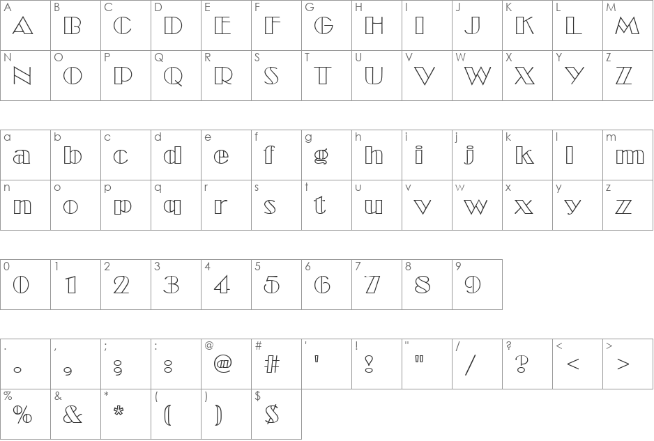 BroadwayOutD font character map preview