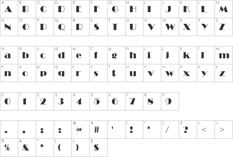BroadwayP font character map preview