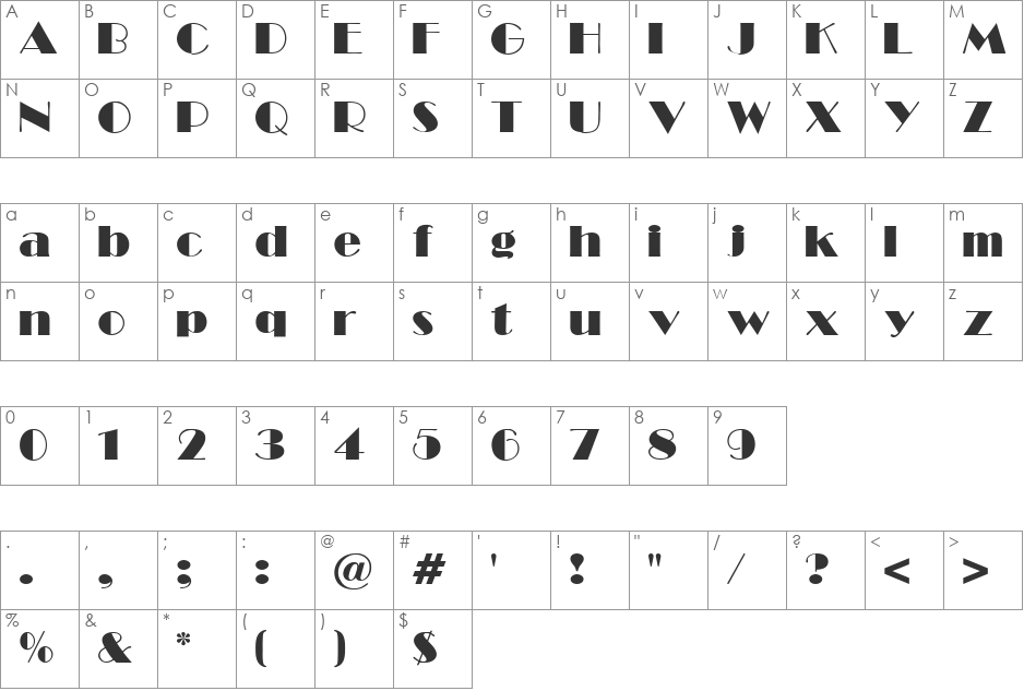 BroadwayR Normal font character map preview