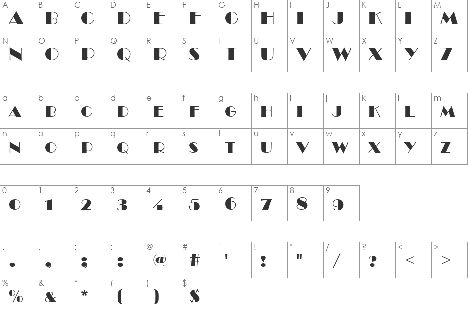 BroadwaySCD font character map preview